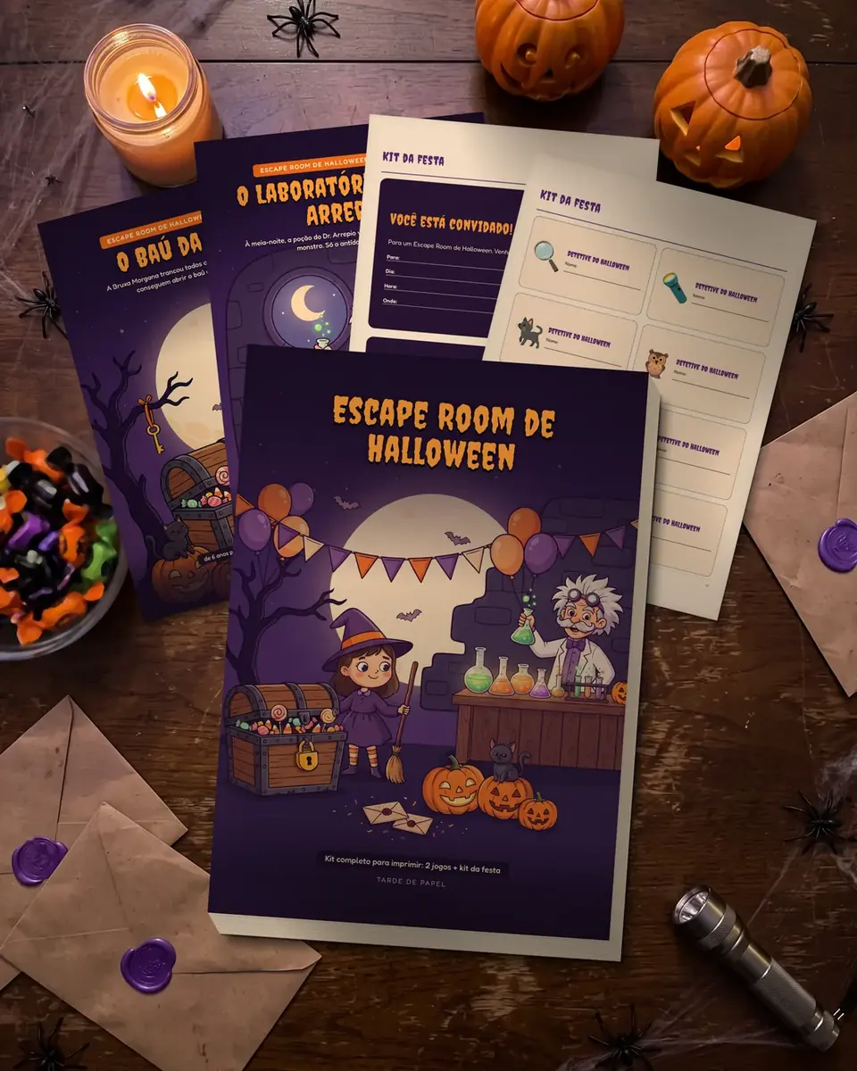 A capa do kit com o Baú da Bruxa, o Laboratório do Dr. Arrepio, o convite e os crachás da festa