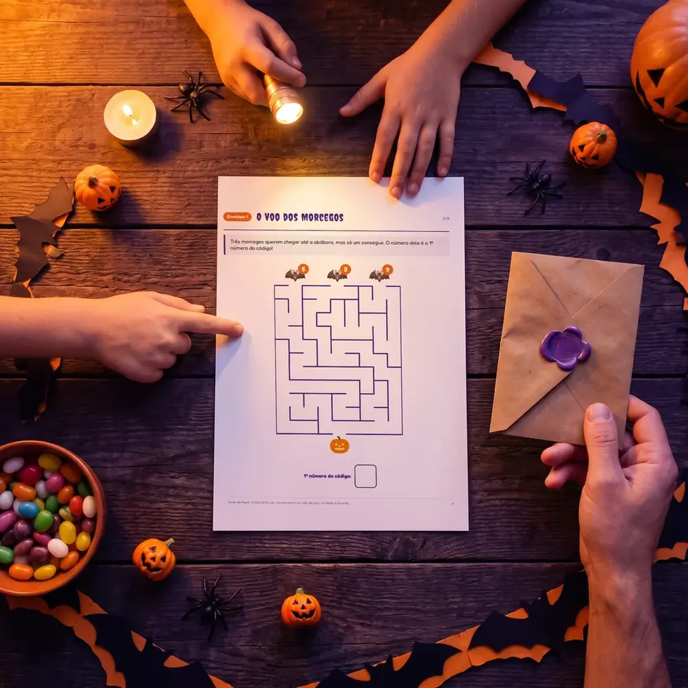 Mãos de crianças e de um adulto com o desafio "O voo dos morcegos" impresso, na festa de Halloween